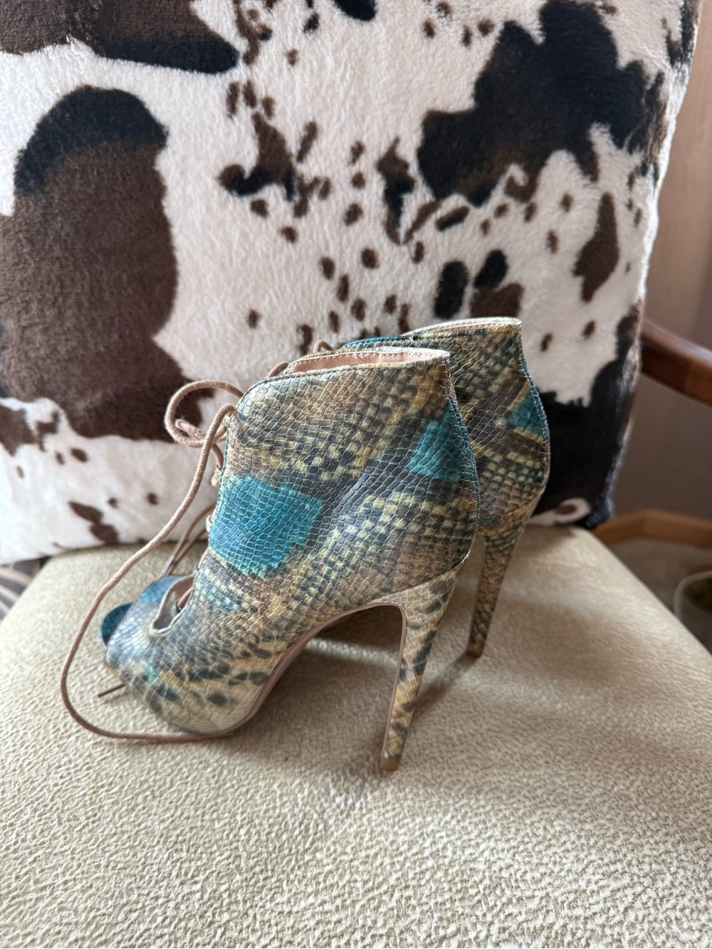 Zigi Soho Teal and Brown Snake-Print Lace-Up High Heel Booties